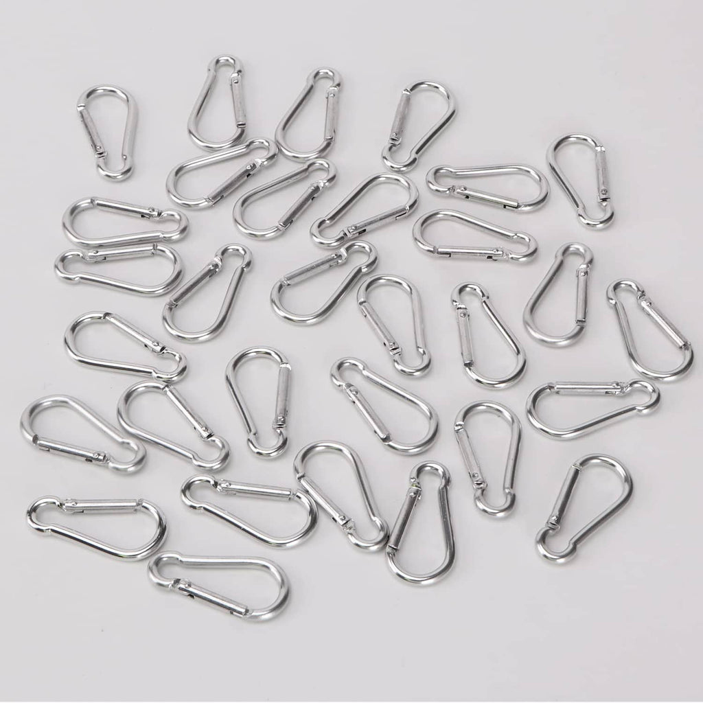 Pack of small silver mini aluminum carabiners with spring-loaded clip gates