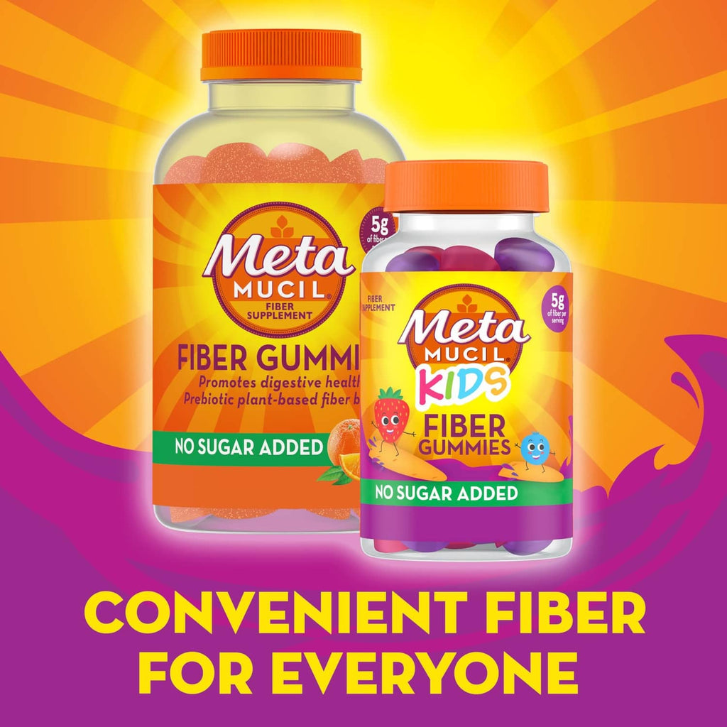 Metamucil Kids Fiber Gummies bottle set with orange caps, no sugar added, mixed berry.