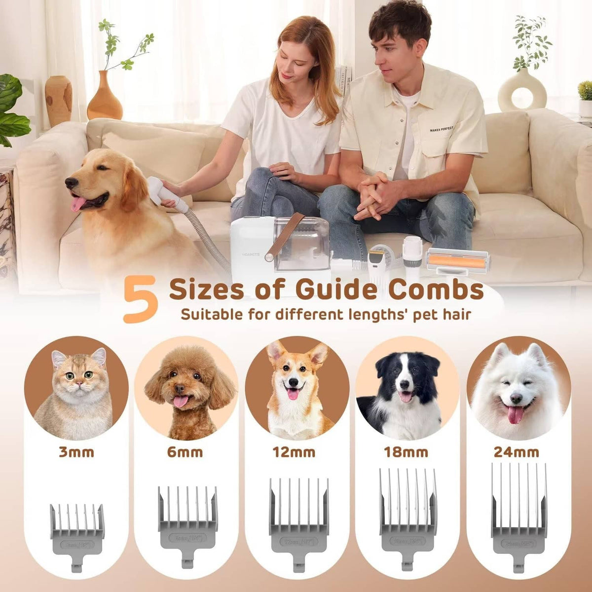 Pet grooming vacuum kit showing five guide comb attachments for different coat lengths