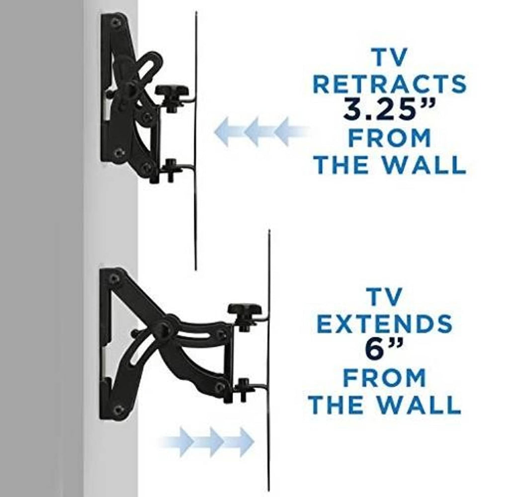 Wall mount motion diagram showing TV retracts and extends from the wall