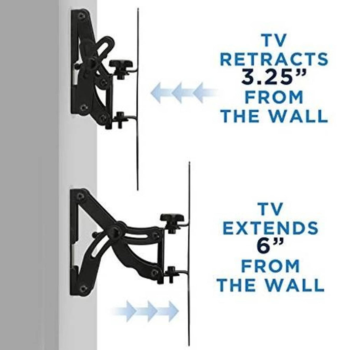 Wall mount motion diagram showing TV retracts and extends from the wall