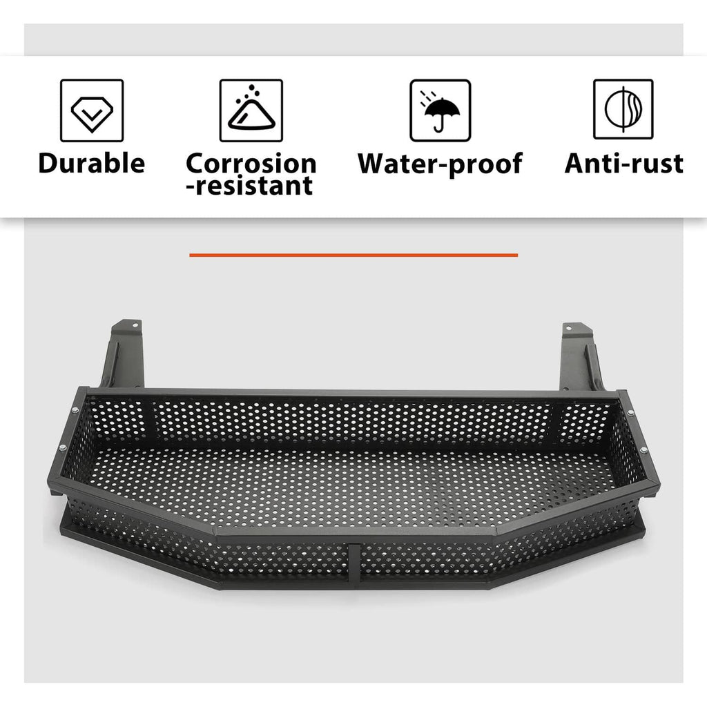 Front utility storage basket with perforated steel deck and matching side rails, black
