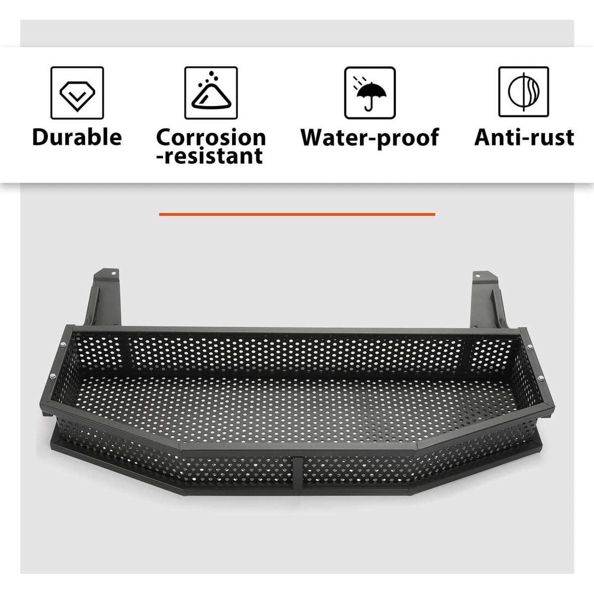 Front utility storage basket with perforated steel deck and matching side rails, black