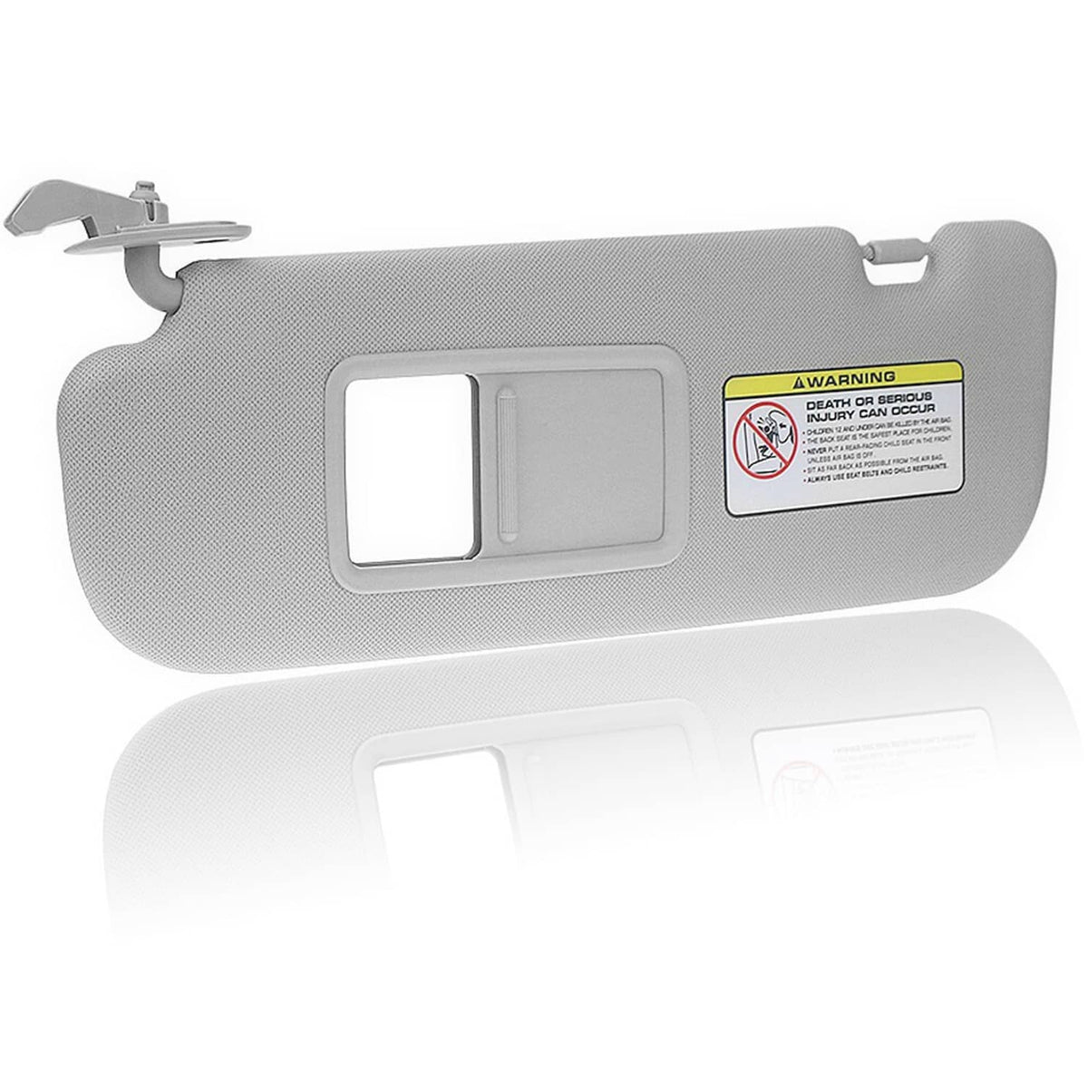 Light gray sun visor with rectangular cutout and warning label