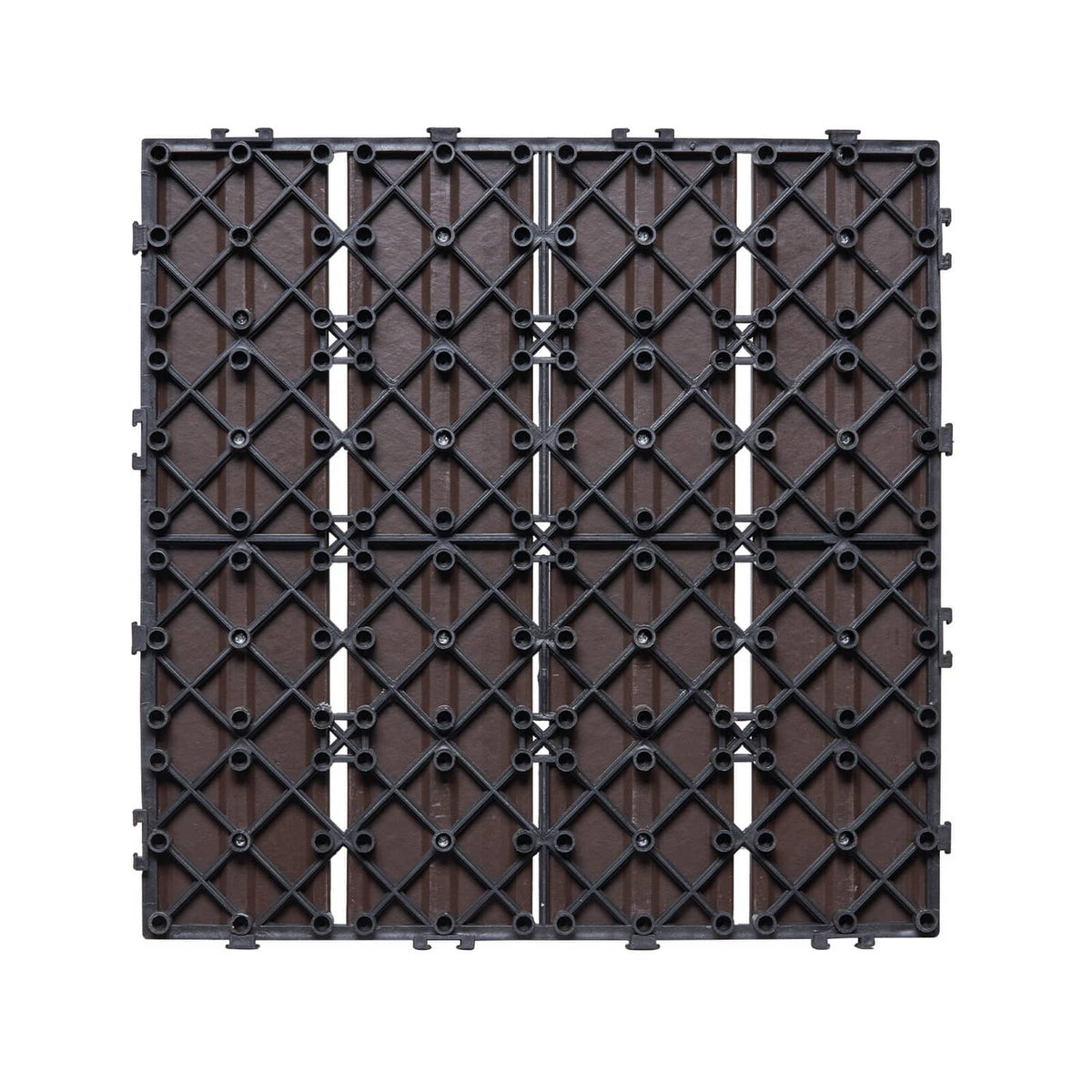Dark brown interlocking deck tiles laid in a walkway section with woodgrain finish