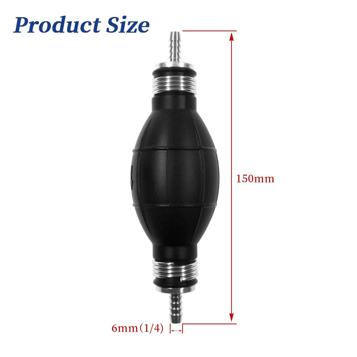 Black hand fuel primer bulb, 150mm long, 6mm (1/4 in) hose fitting, metal ends