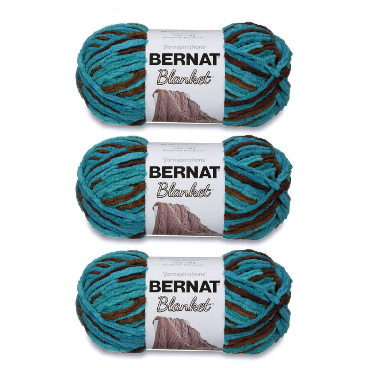 Bernat Blanket yarn 3-pack, teal and brown variegated super bulky skeins