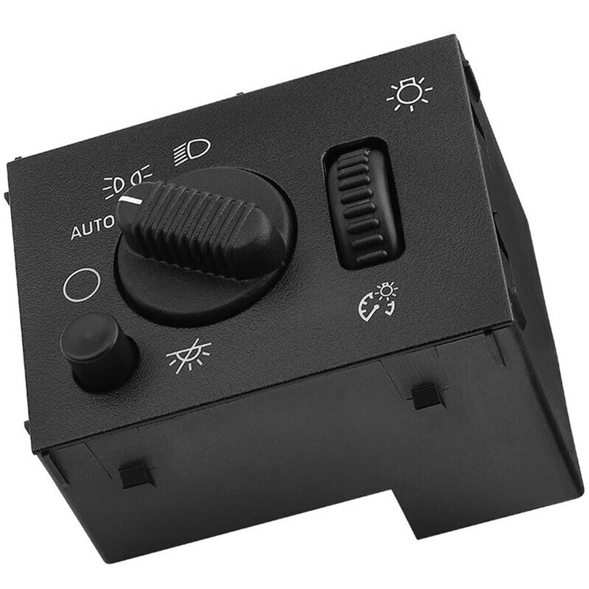 Black headlight switch with large rotary knob and vertical bar controls, angled view