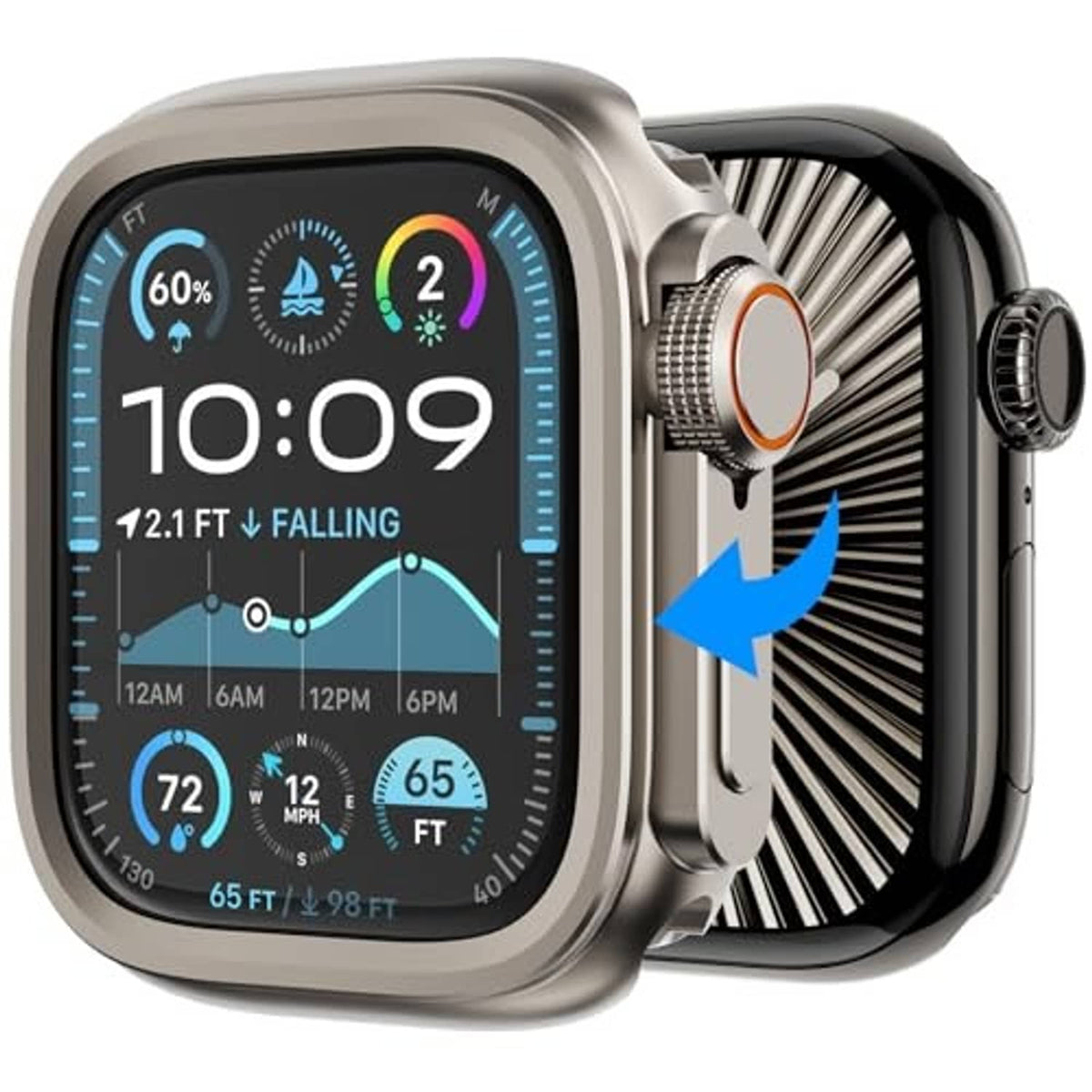 Titanium-tone rugged metal case with orange side button, crown cover, and black strap
