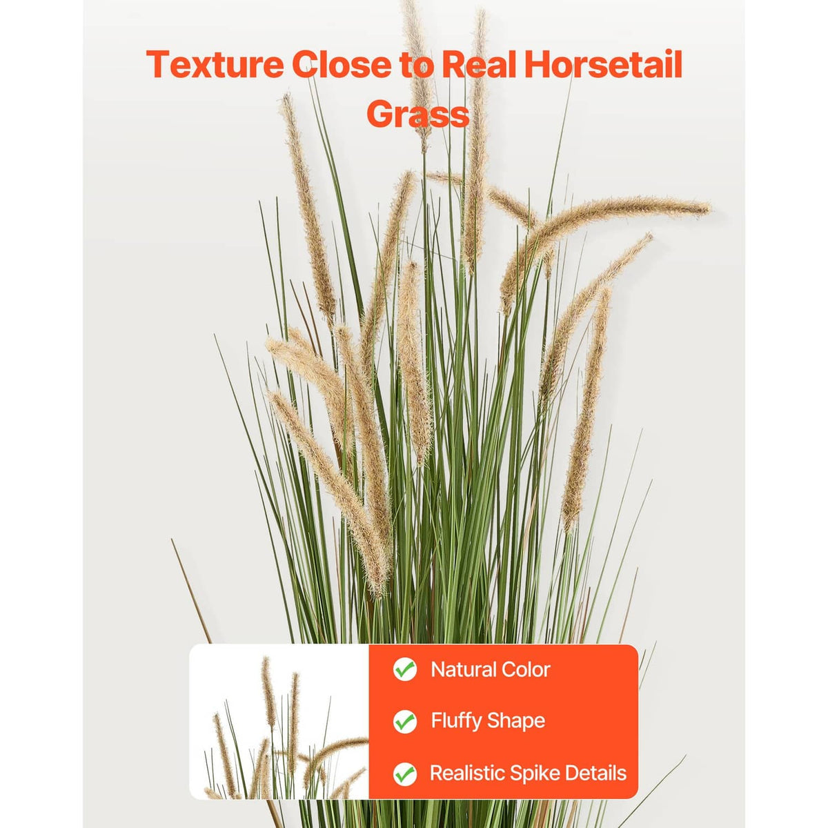 Artificial horsetail grass close-up with green blades and tan feathery plume stems