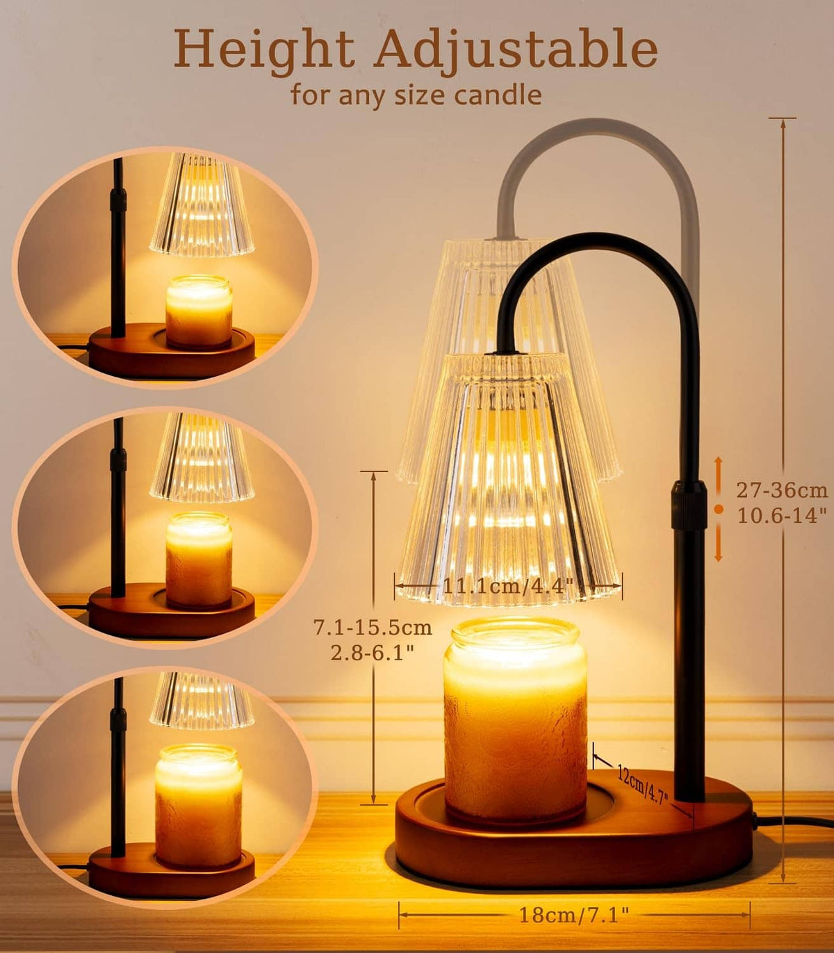Height-adjustable candle warmer lamp with clear glass shade over a lit jar candle.