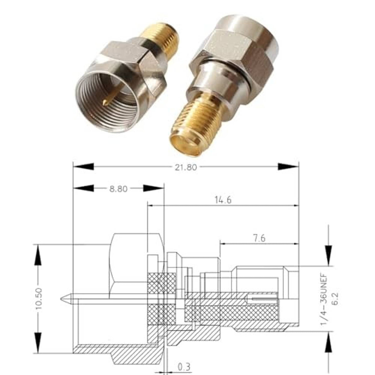 Coaxial adapter with threaded ports, polished metal finish