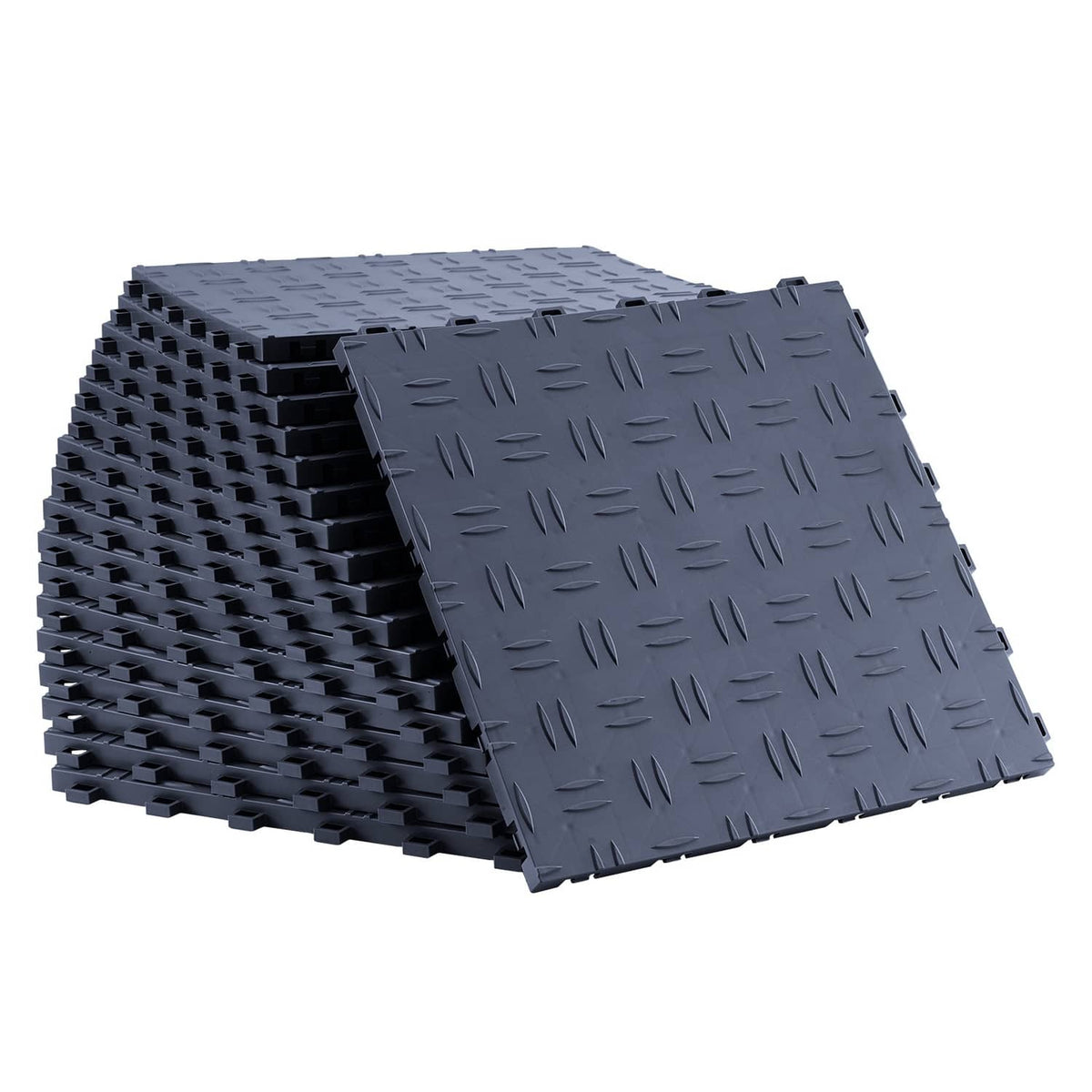 Interlocking garage floor tiles in dark graphite gray, textured dash pattern top