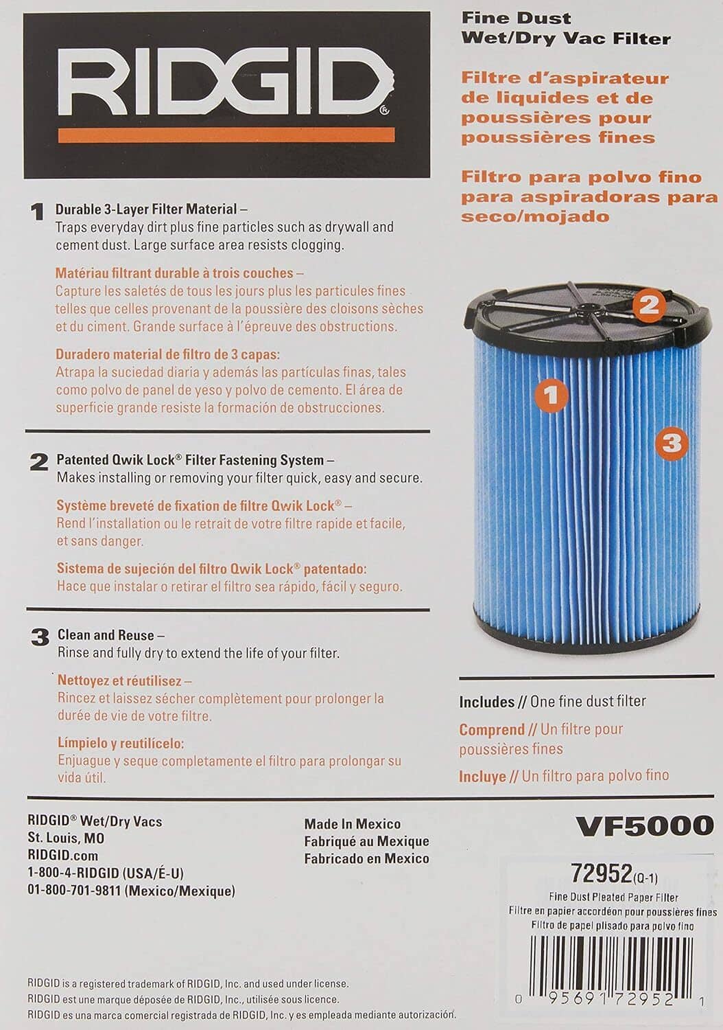 Pleated paper wet/dry vacuum filter with blue filter media