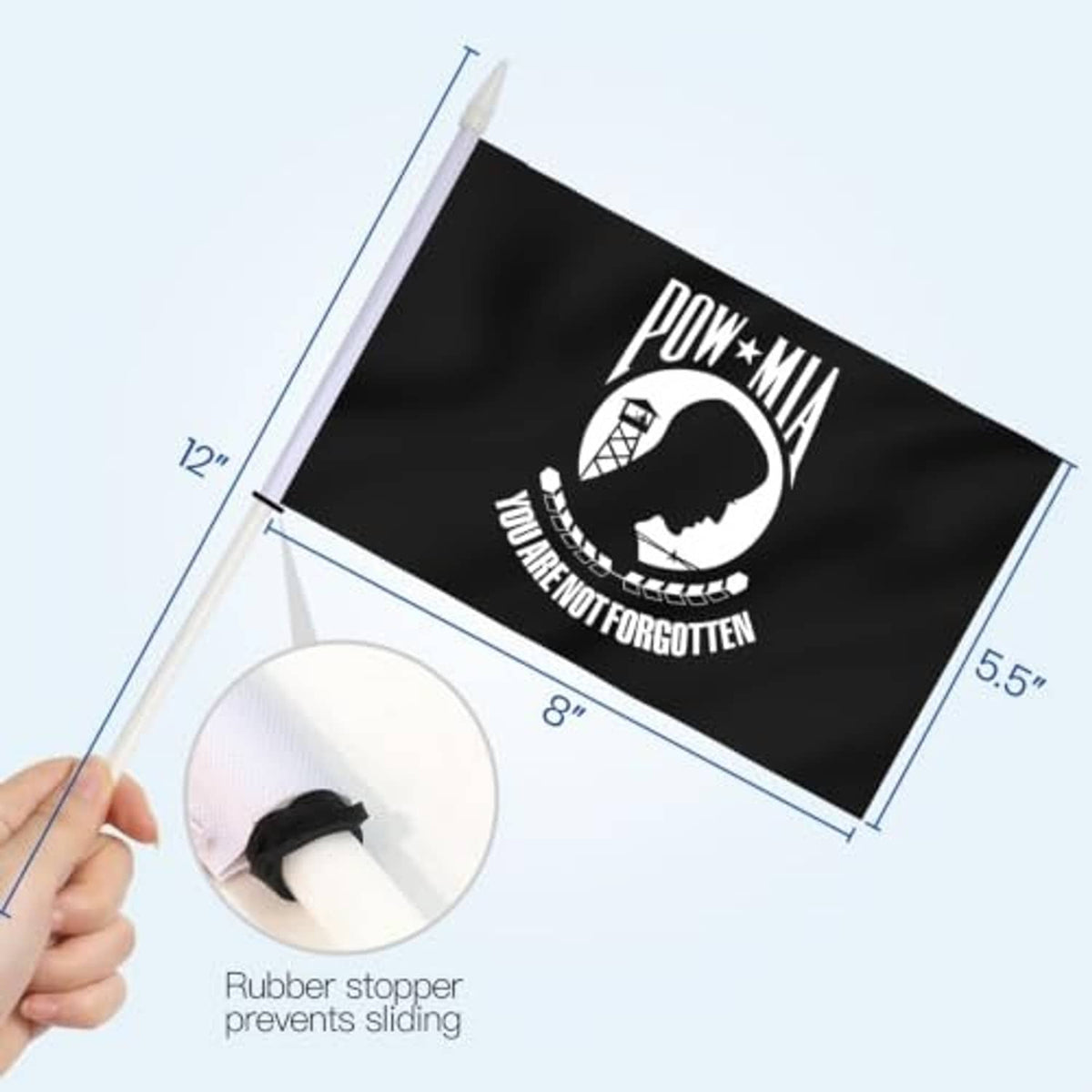 Mini POW/MIA flag size shown: 12 in pole, black cloth with white emblem, hand-held