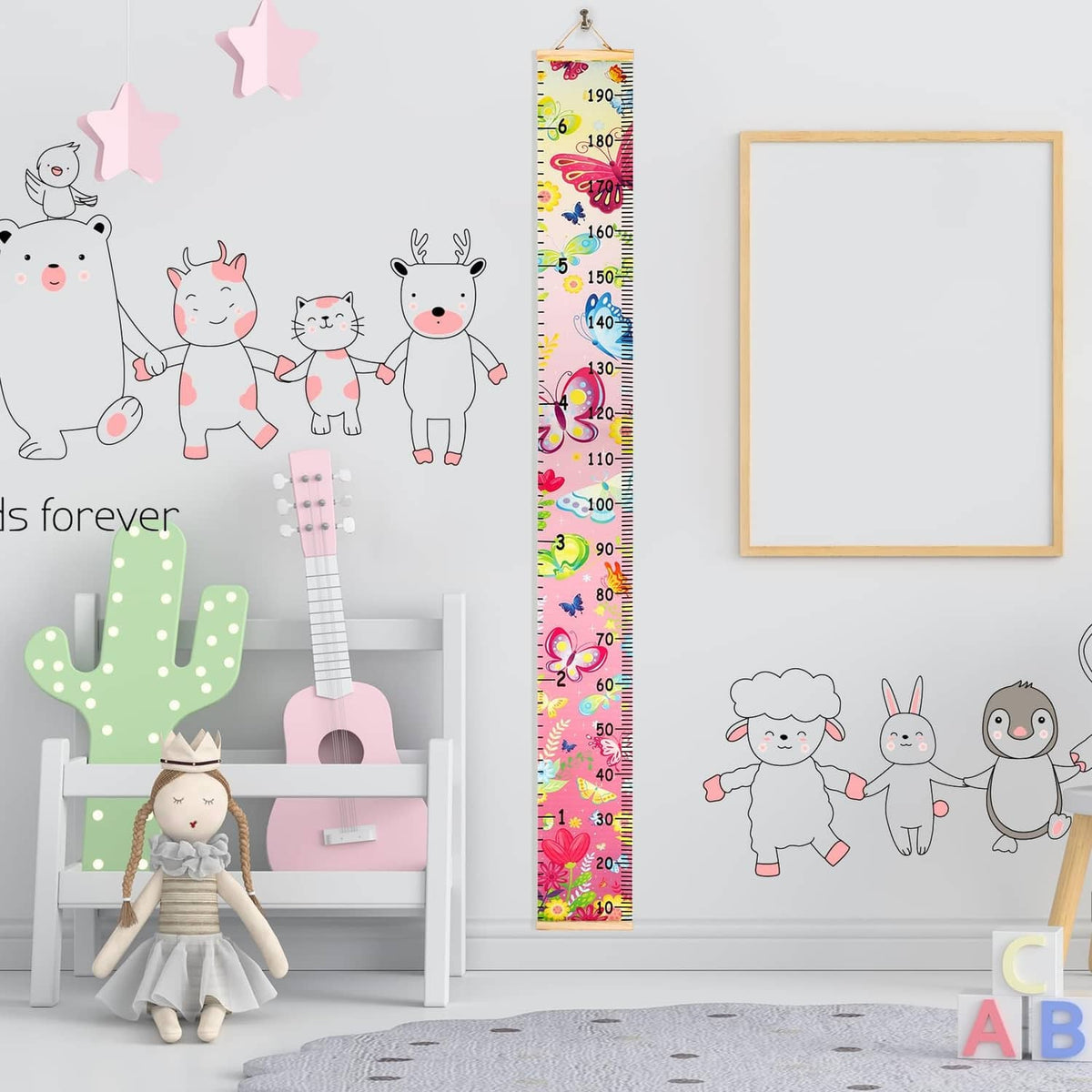 Kids growth chart banner hanging on wall with butterfly height scale