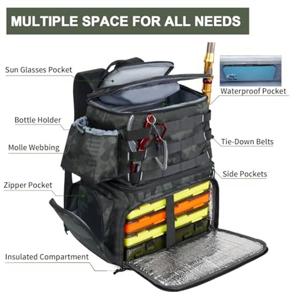 Dark camo tackle backpack with multiple zip pockets and insulated tray base
