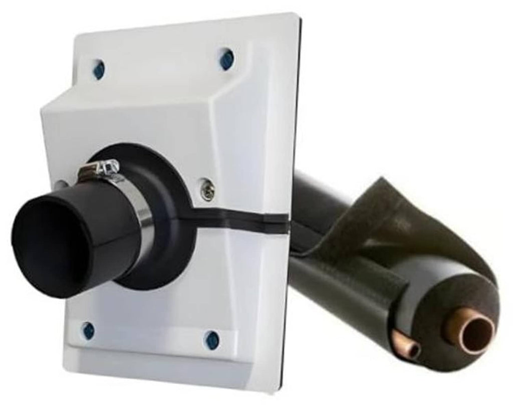 White HVAC wall penetration cover plate with black insulated line connector and seal