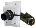White HVAC wall penetration cover plate with black insulated line connector and seal