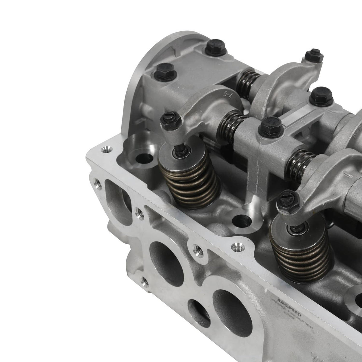 Cylinder head close-up of valve springs and rocker supports, metallic silver