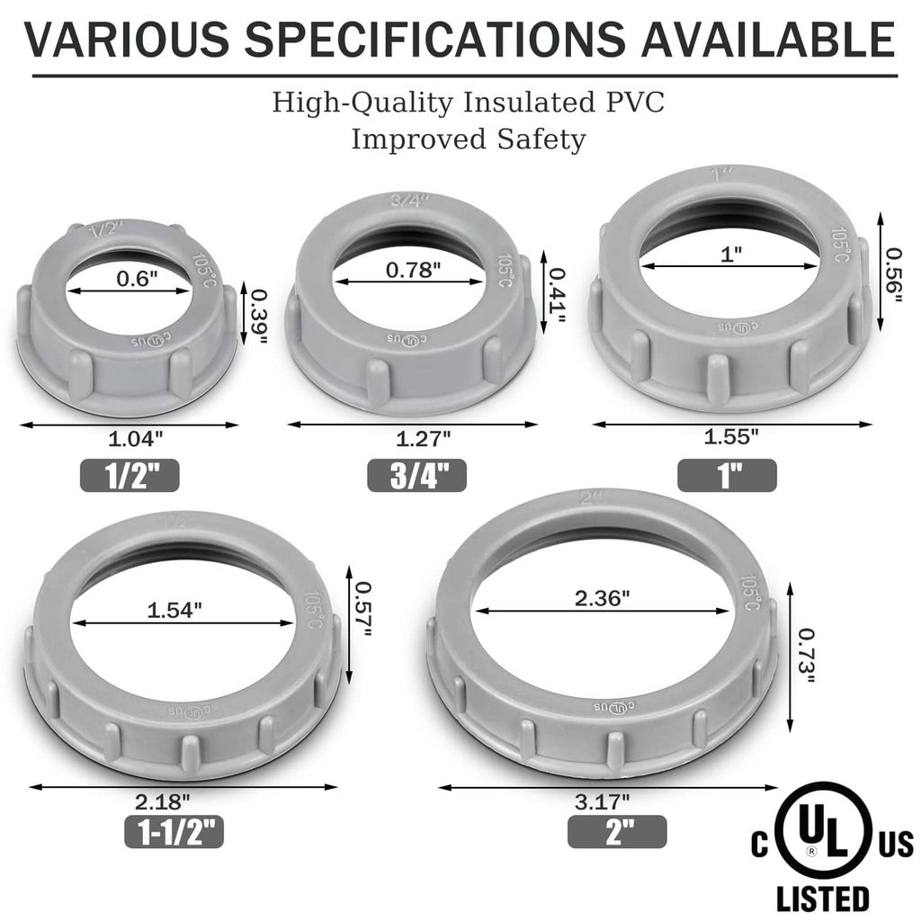 Gray threaded insulating PVC bushing, size markings for 1-1/2 in