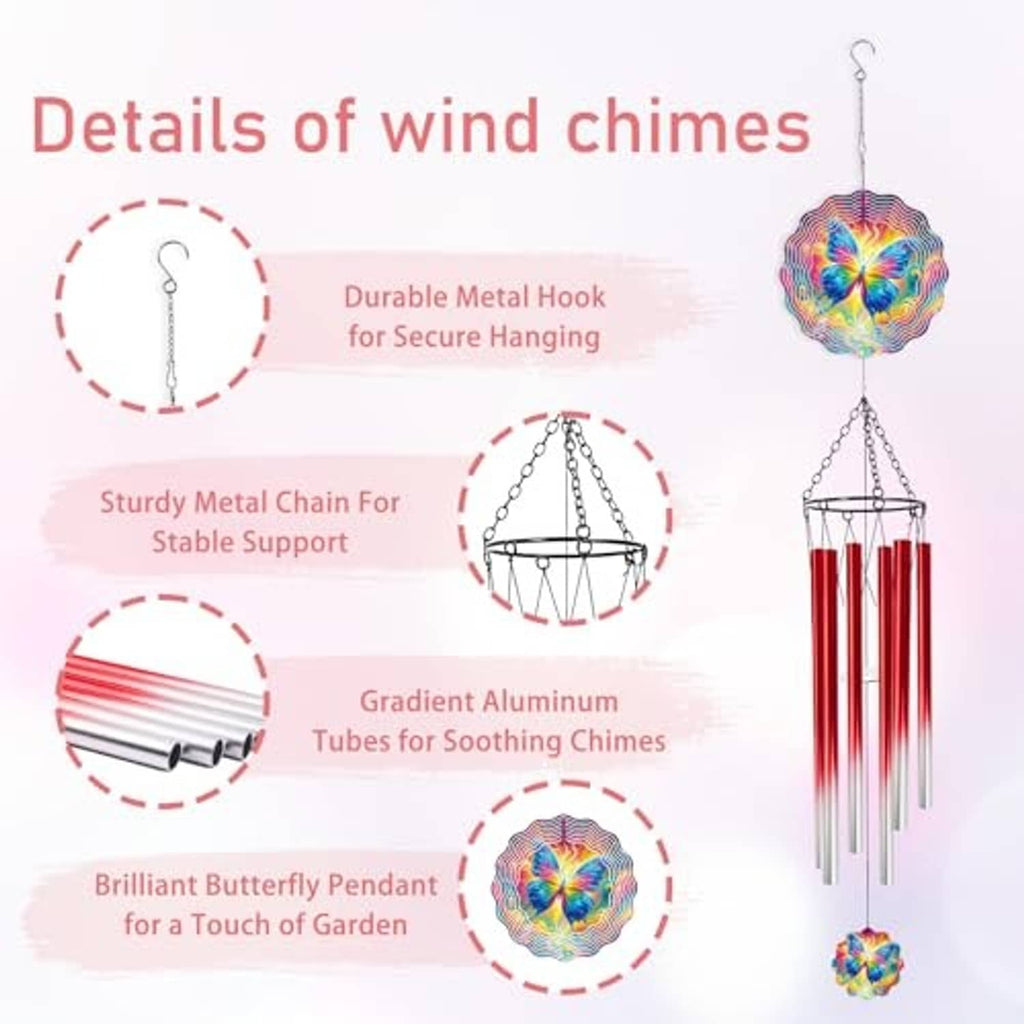 Butterfly wind chime parts: rainbow pendant with red metal tubes, metal chain and hook