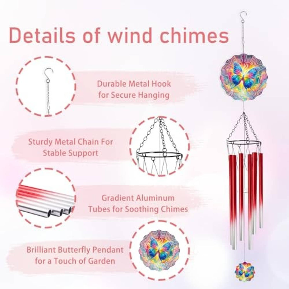 Butterfly wind chime parts: rainbow pendant with red metal tubes, metal chain and hook