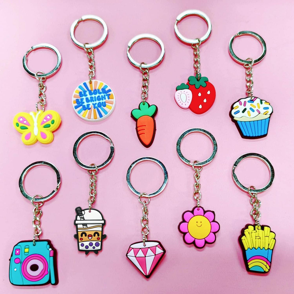 Assorted colorful cute charm keychains with silver key rings