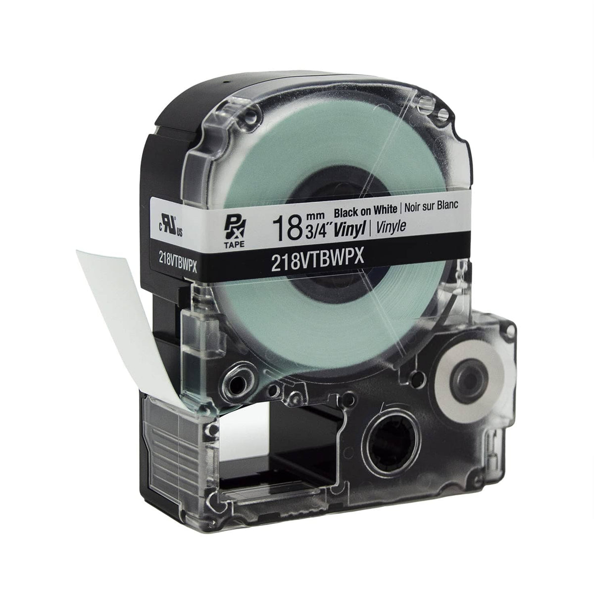 Label maker tape cartridge angled view, 18mm black on white vinyl, teal tape roll