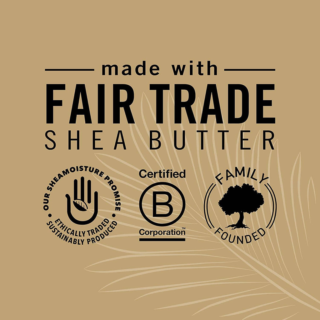 Fair trade shea butter label with family, founder, and certified icons