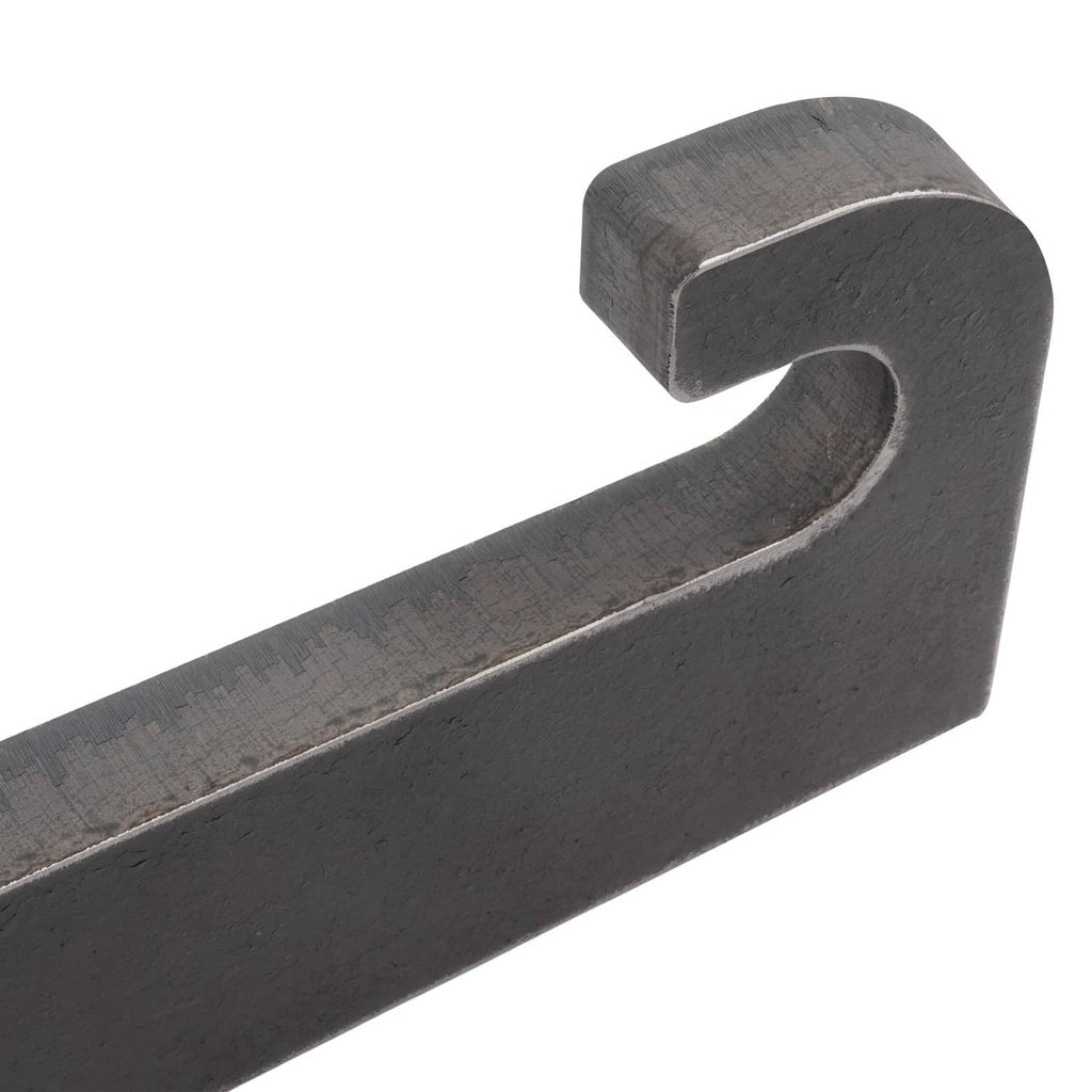 Steel quick-attach loader mount detail, dark finish, rounded top and curved end