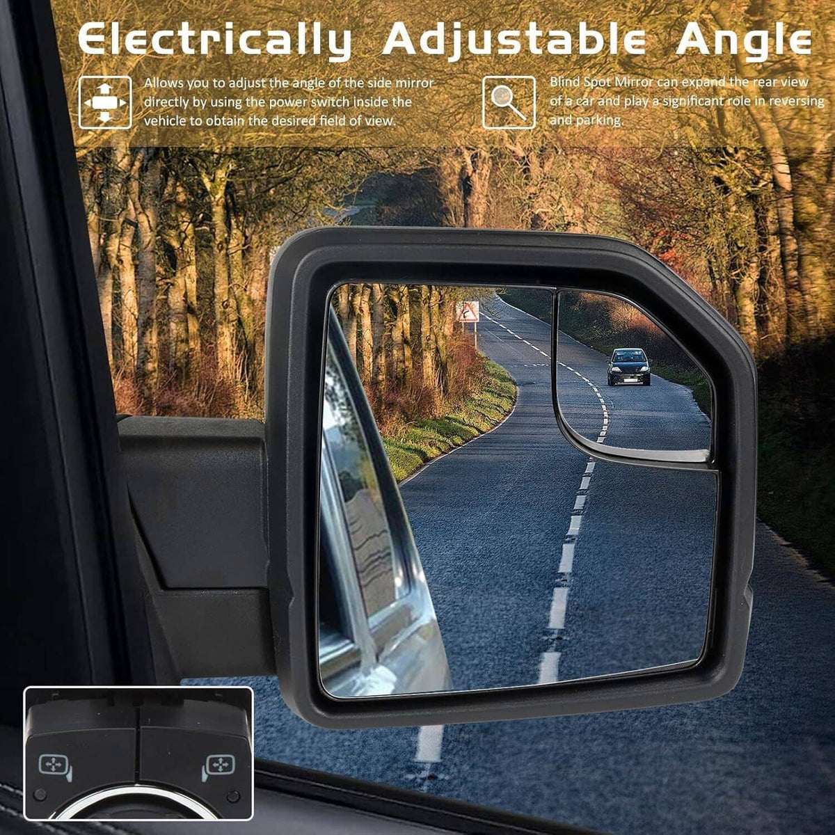 Heated power side mirror showing wide-angle view through the glass panel