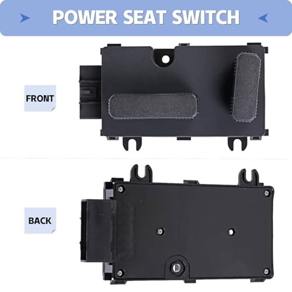 Black power seat switch module with front panel and rear housing, mounting tabs
