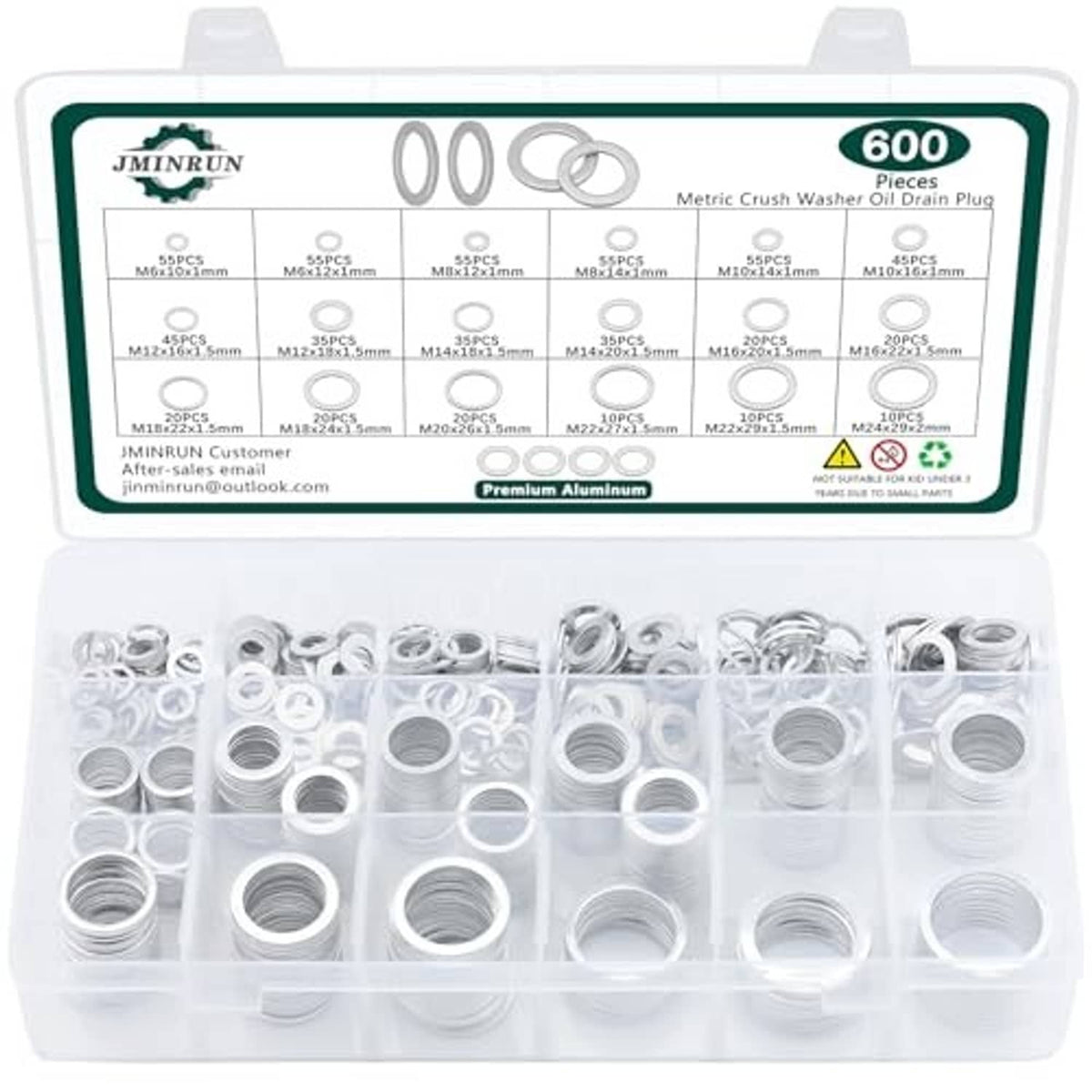 600-piece metric oil drain plug crush washer gasket set with silver washers in case