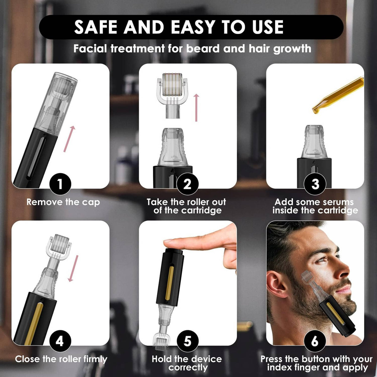 Black handheld derma roller pen with clear cartridge and removable cap