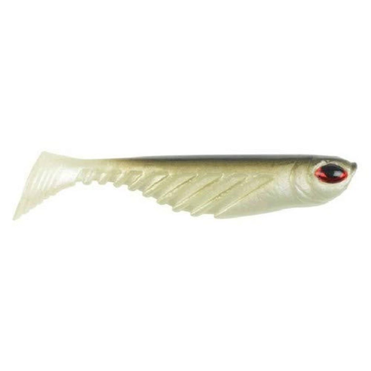 3.5 in soft plastic shad lure, side view in cream-white with red eye