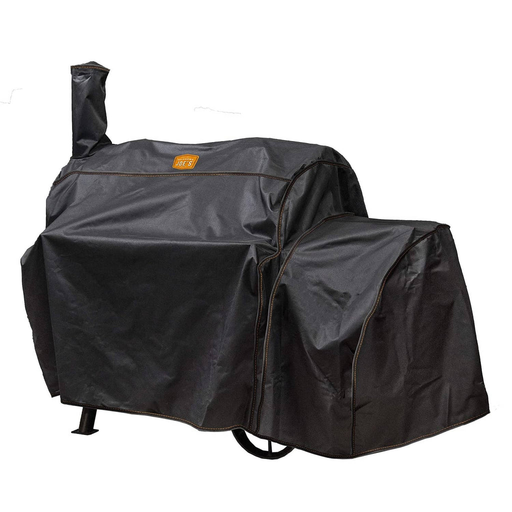 Oklahoma Joe’s Highland offset smoker cover in black with zipper front and hood
