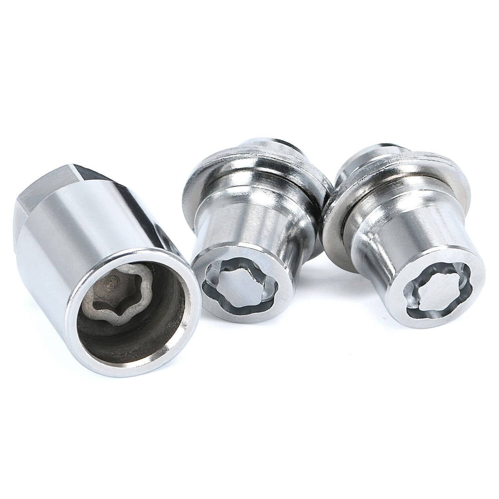 Metal alloy wheel lock lug nuts set with textured hex drive openings, chrome finish