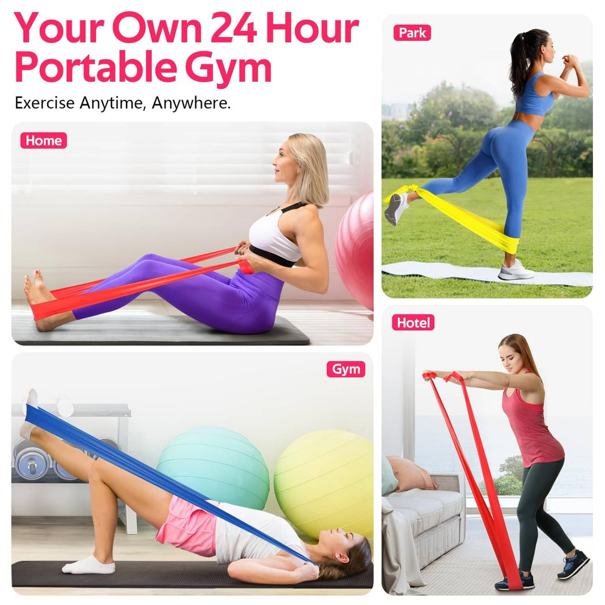 Portable resistance bands set with yellow, red, blue, and purple bands