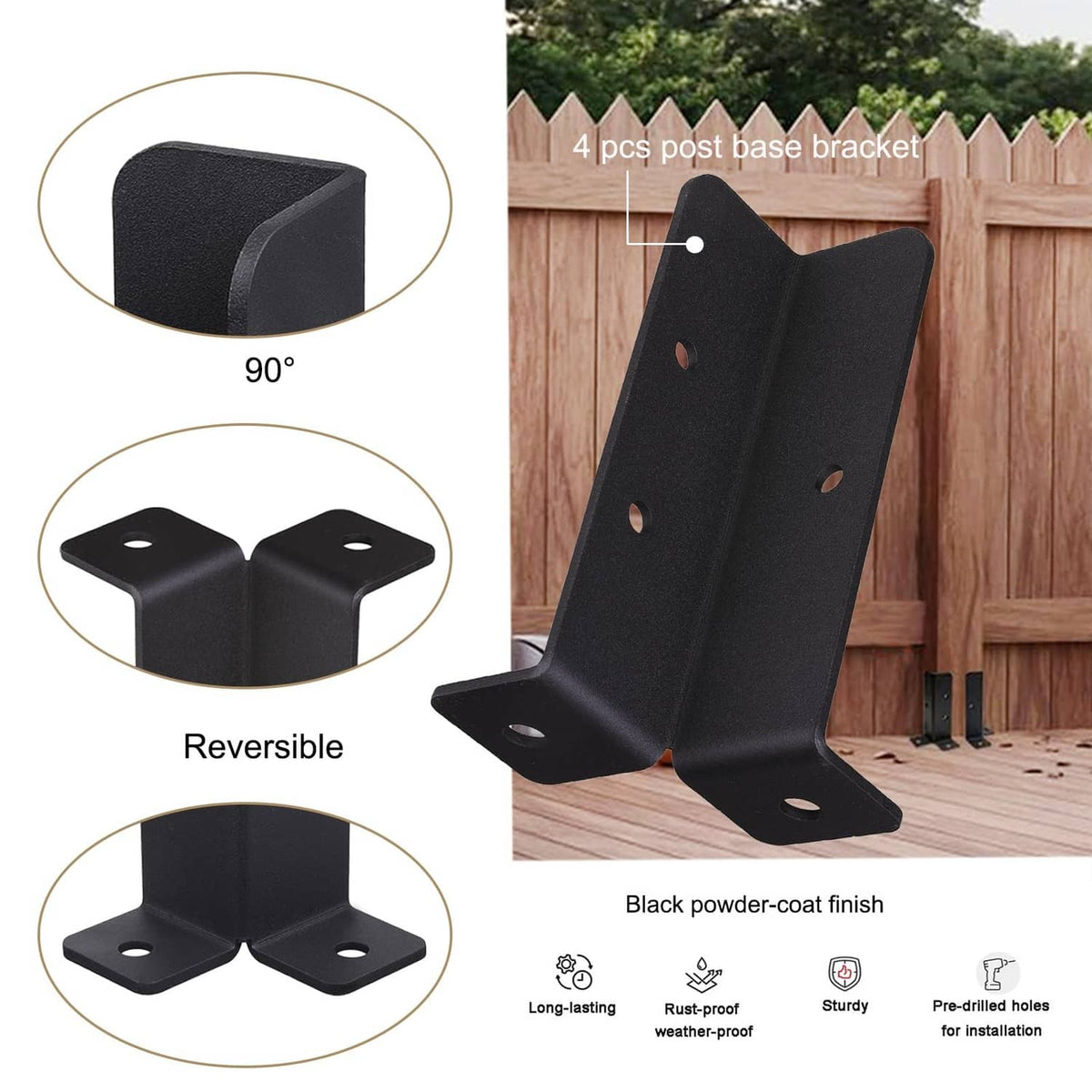 Reversible black post base bracket with corner flanges and pre-drilled holes