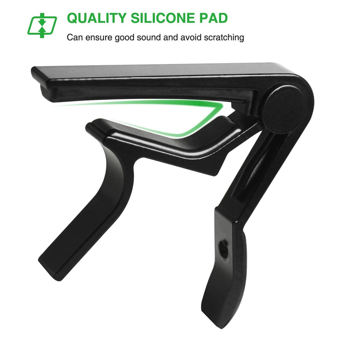 Black guitar capo with top pressing bar and protective silicone pad