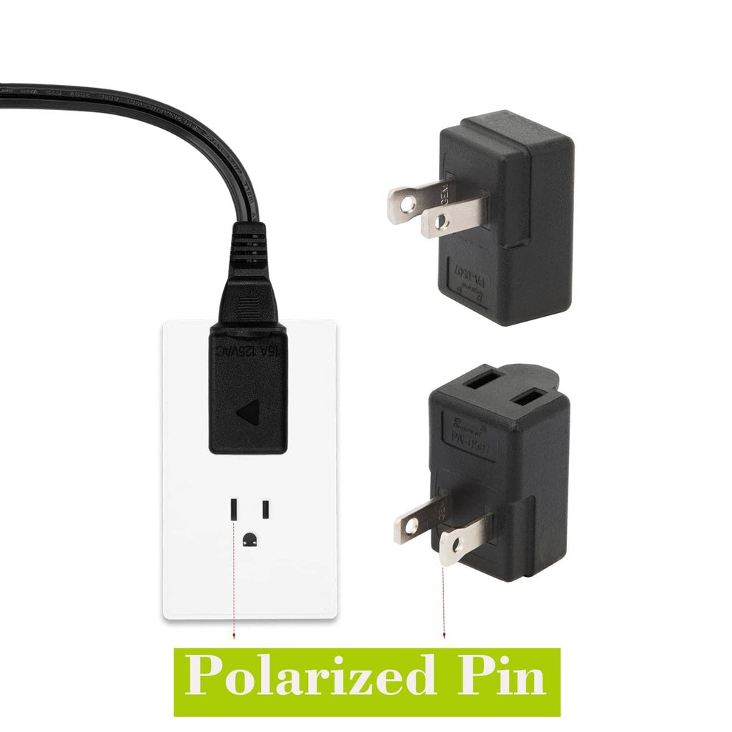 Black upward angled 2-prong AC adapter on power cord with flat blades