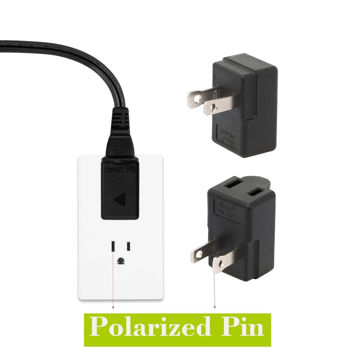 Black upward angled 2-prong AC adapter on power cord with flat blades