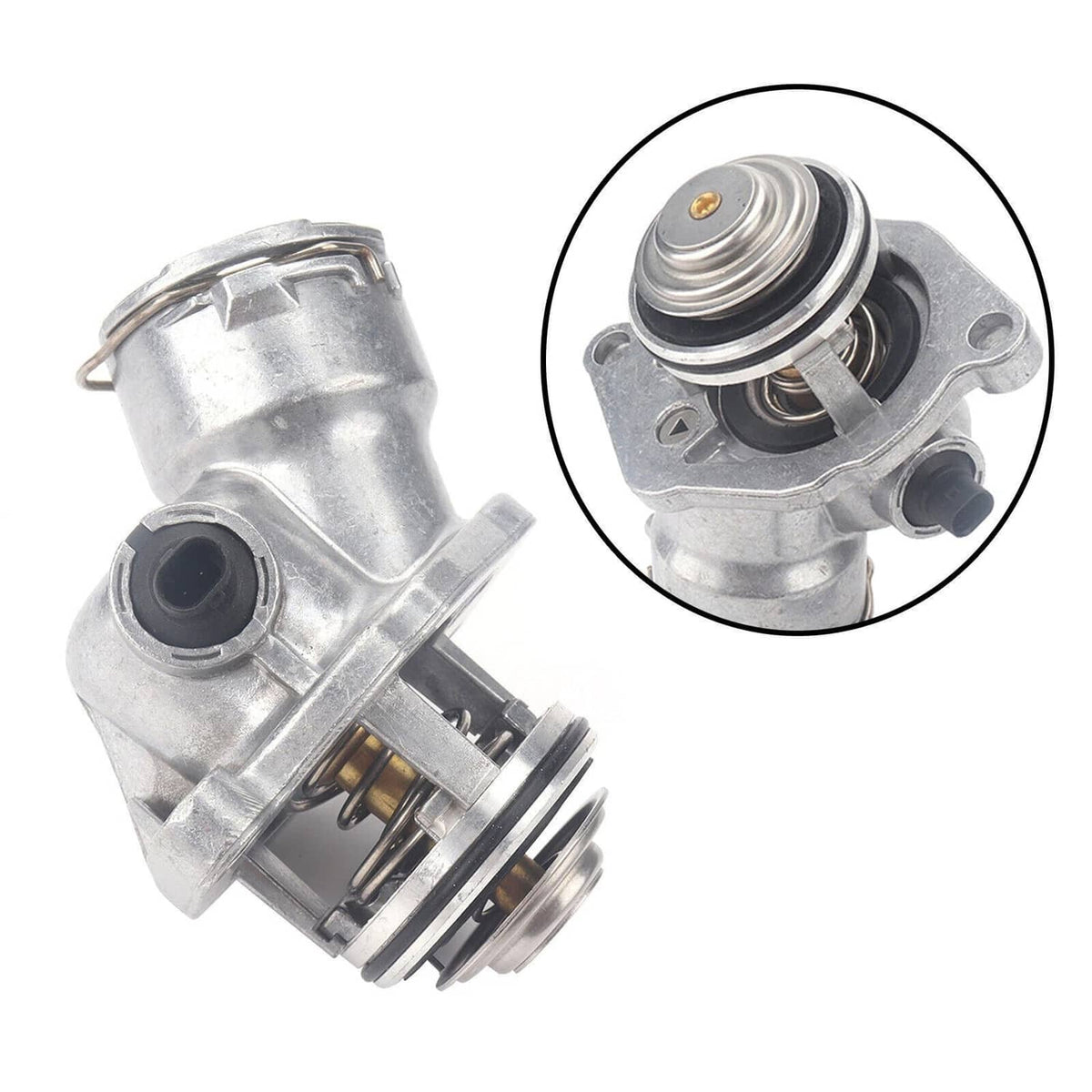 Engine coolant thermostat assembly with sensor, metal housing; close-up inset of valve