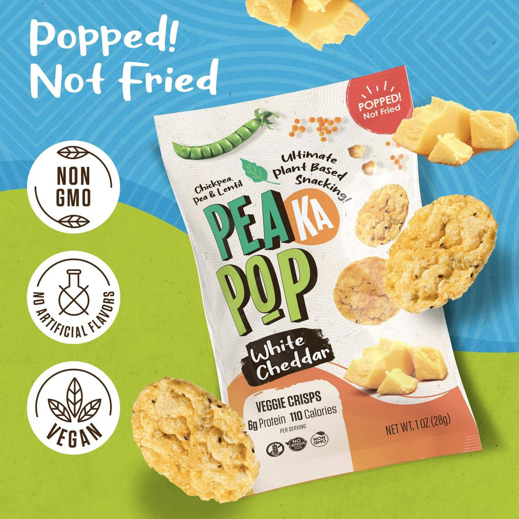 Pea Ka Pop White Cheddar veggie crisps bag with non-GMO and vegan icons