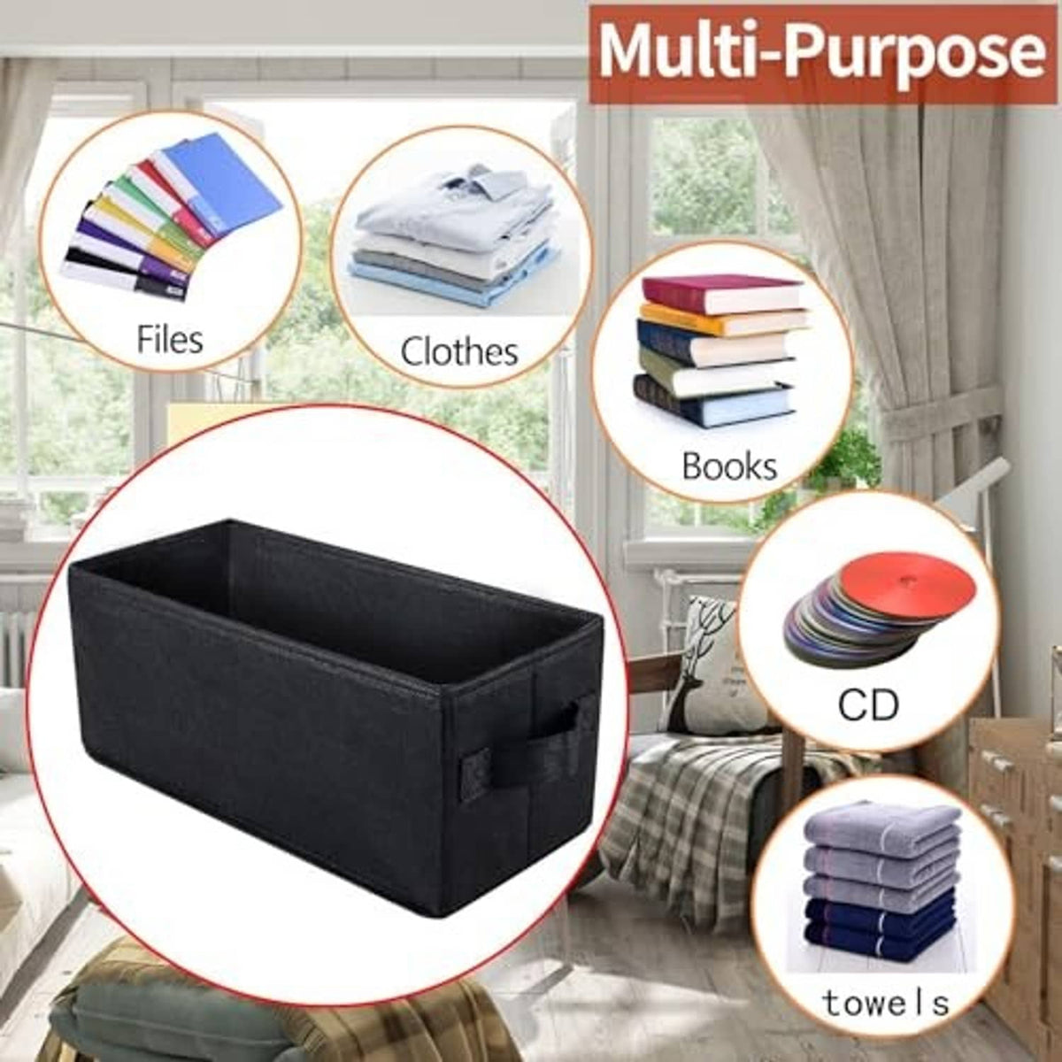 Black foldable CD storage box with hinged lid and side handle cutout