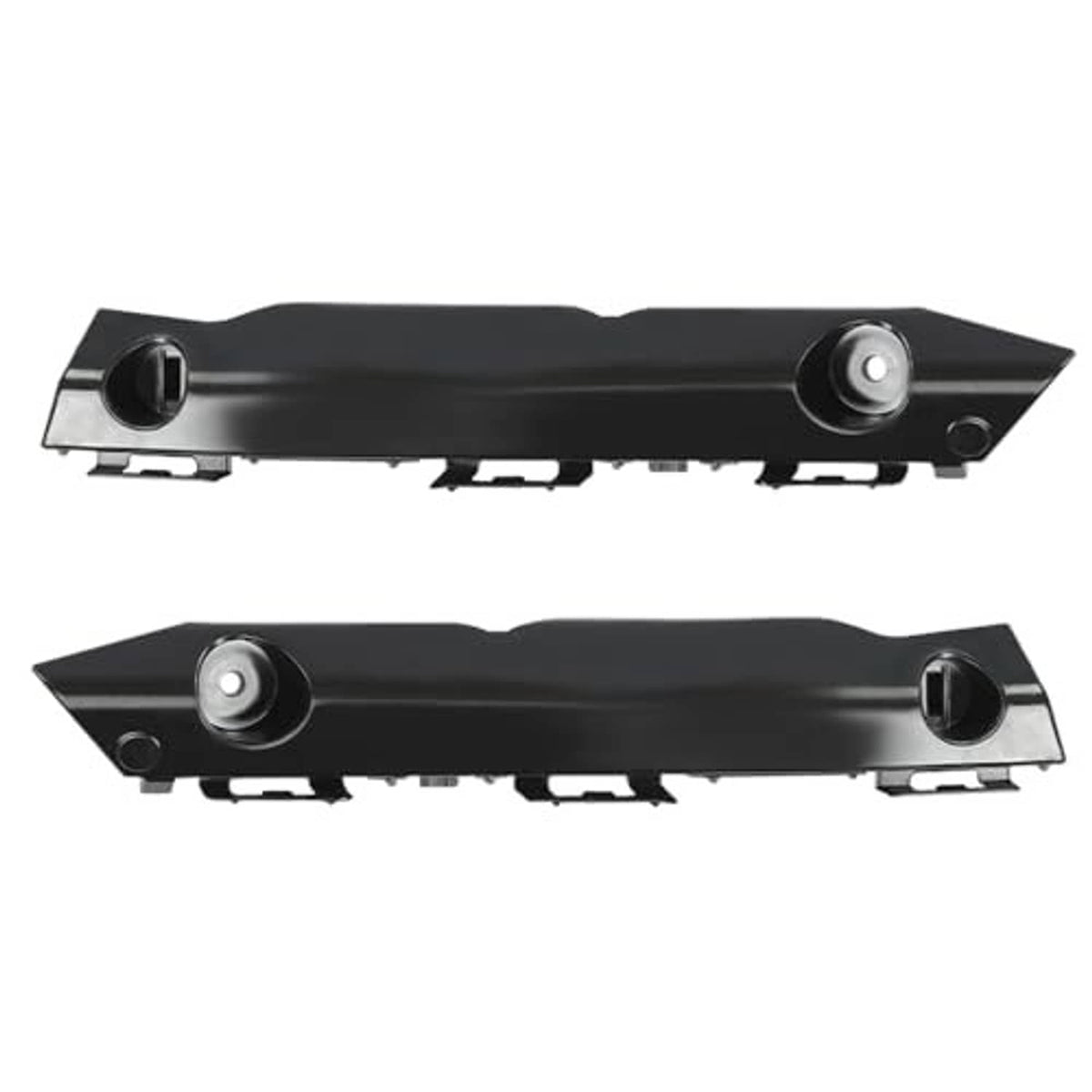 Front bumper bracket pair with dark finish, mounting holes and alignment tabs
