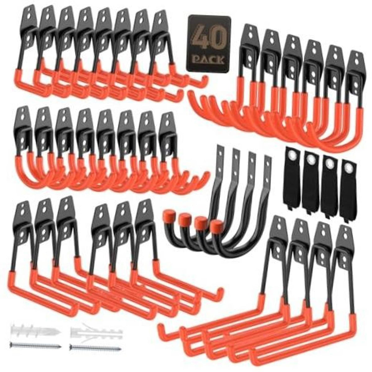 Orange garage storage hooks set with 40 black steel U hooks and S-shaped bars