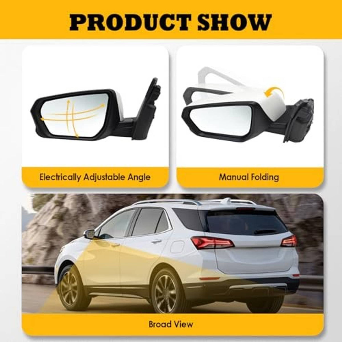 Left driver side mirror with power-adjust angle and manual folding