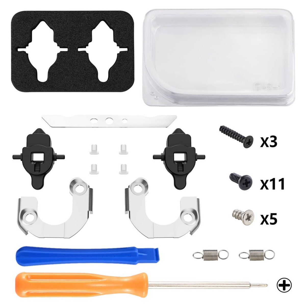 PS5 Edge back paddle replacement kit parts with foam tray, metal brackets, screws, springs, tools